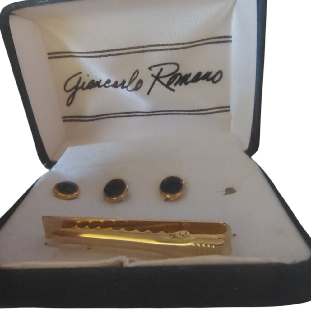 Giancarlo Romano Gold Tone Button Covers & Tie Bar Set Black Formal Vintage